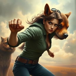 A surreal scene depicting a strong, determined woman in an action stance, confidently defending herself against a bizarre creature