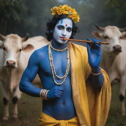 An enchanting expression of Lord Krishna, depicted with deep blue skin and traditional yellow attire, enchanting the cows of Vrindavan with the melodious tunes from his divine flute