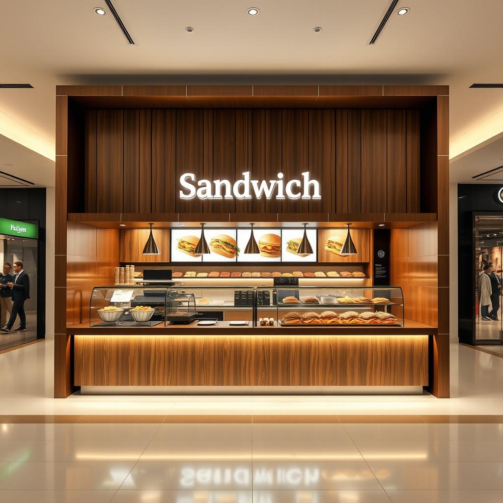 Luxury sandwich fast food kiosk in high-end shopping mall, dimensions 3x2