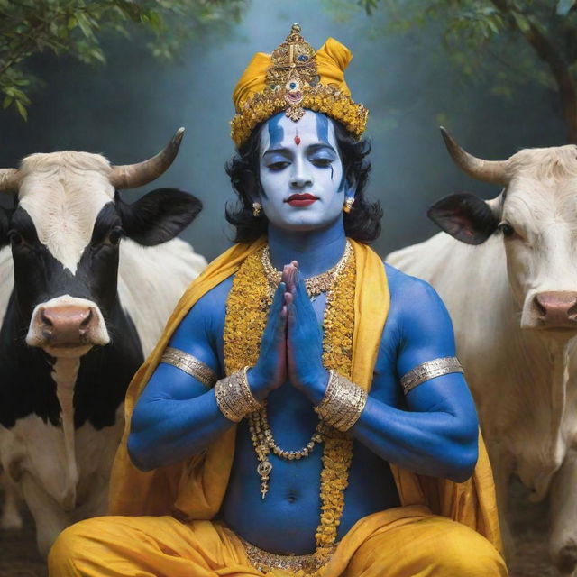 An enchanting expression of Lord Krishna, depicted with deep blue skin and traditional yellow attire, enchanting the cows of Vrindavan with the melodious tunes from his divine flute