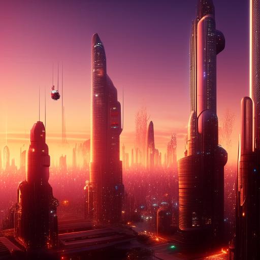 A sprawling, clean, high-energy, futuristic cityscape at sunset with flying cars, skyscrapers with glowing lights, and advanced technology scattered throughout.