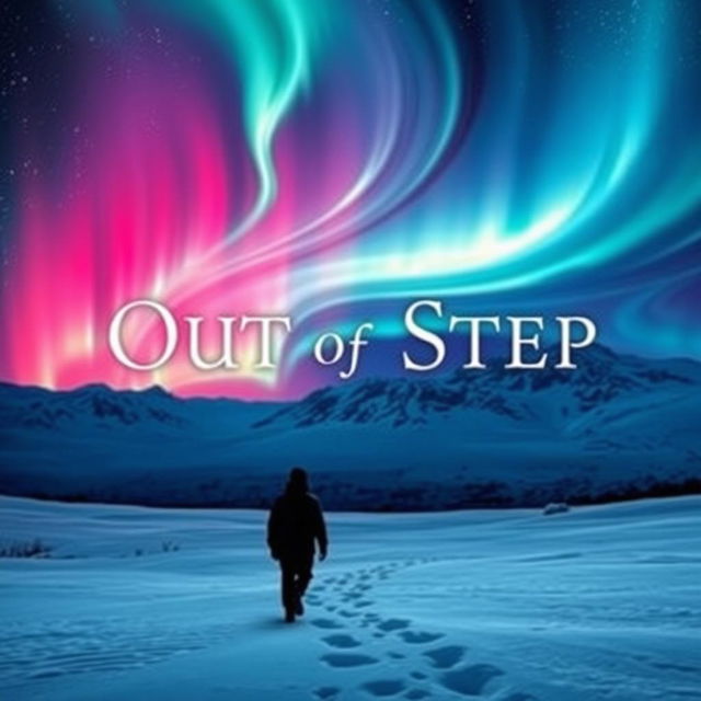 A visually captivating book cover titled "Out of Step", featuring a silhouette of a lone figure walking away in a snow-covered landscape