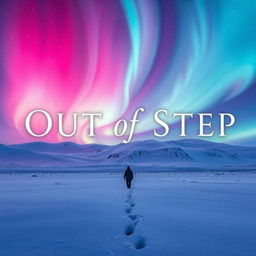 A visually captivating book cover titled "Out of Step", featuring a silhouette of a lone figure walking away in a snow-covered landscape