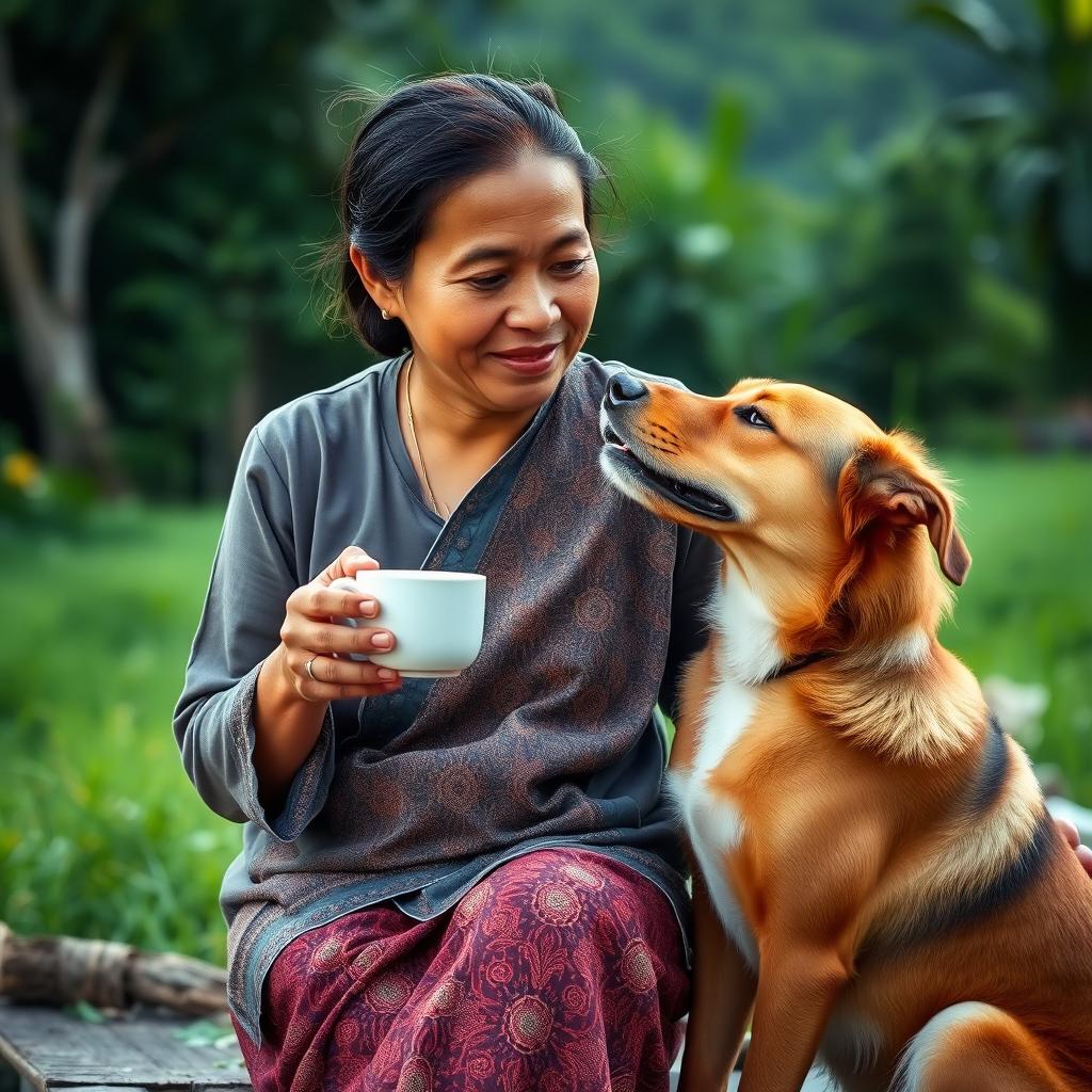 An Indonesian village woman sitting and enjoying a cup of coffee with her pet dog