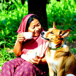 An Indonesian village woman sitting and enjoying a cup of coffee with her pet dog