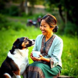 An Indonesian village woman sitting and enjoying a cup of coffee with her pet dog