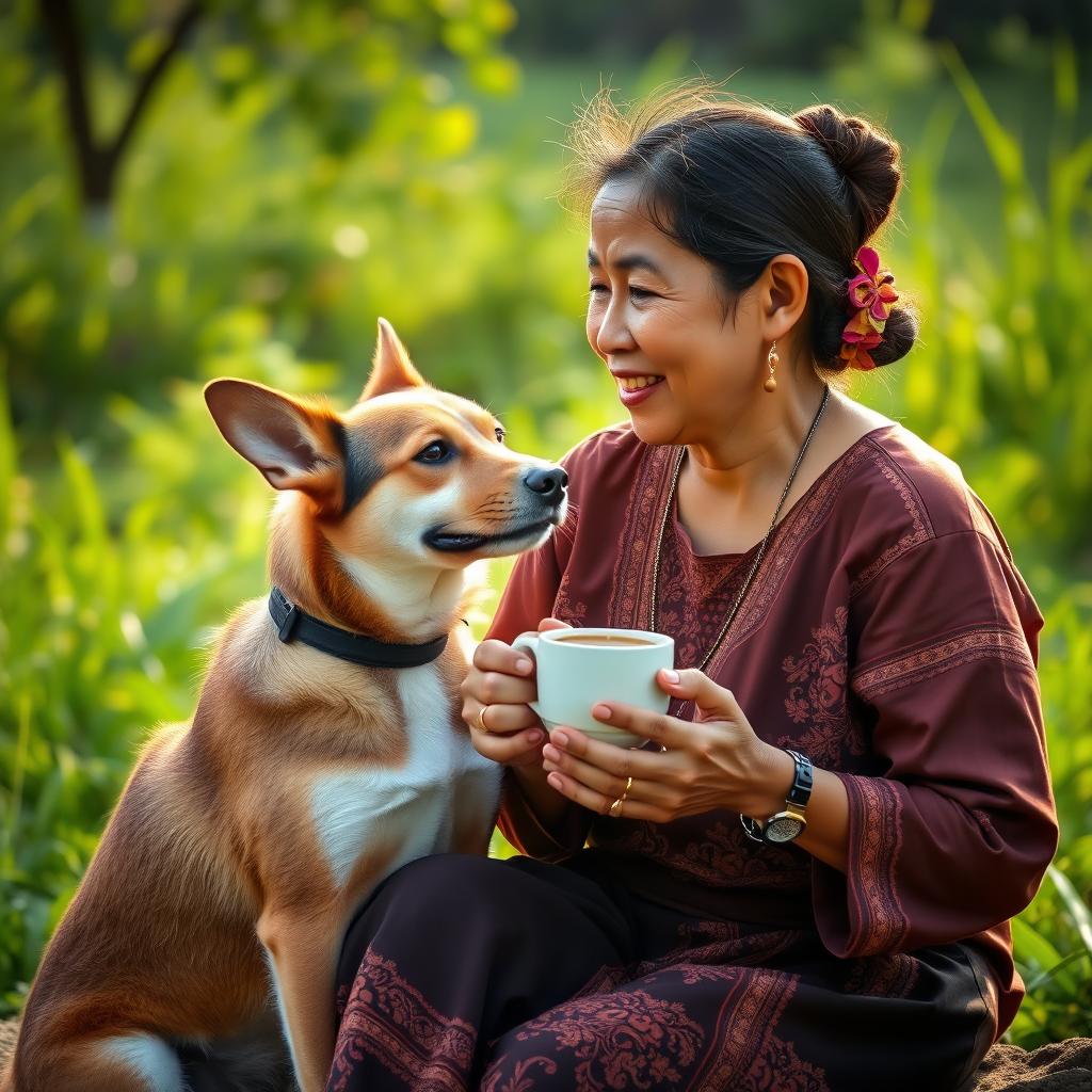 An Indonesian village woman sitting and enjoying a cup of coffee with her pet dog