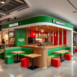 design of high-end fast food sandwich shops featuring green, white, and red colors, with a wooden counter, striking and eye-catching appearance