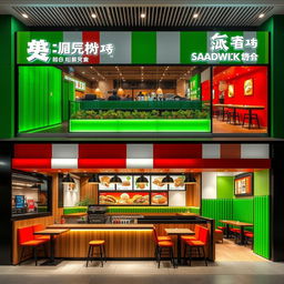 design of high-end fast food sandwich shops featuring green, white, and red colors, with a wooden counter, striking and eye-catching appearance