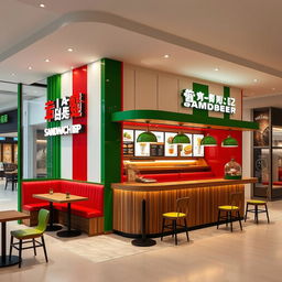 design of high-end fast food sandwich shops featuring green, white, and red colors, with a wooden counter, striking and eye-catching appearance