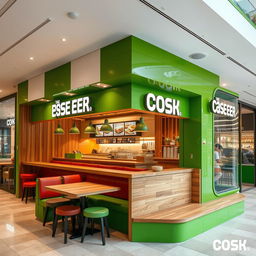 design of high-end fast food sandwich shops featuring green, white, and red colors, with a wooden counter, striking and eye-catching appearance