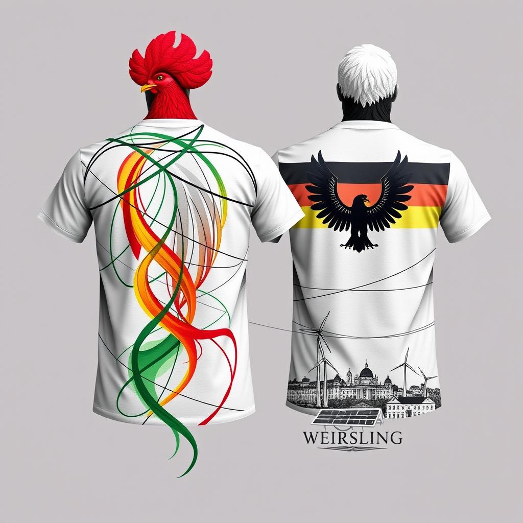 Front and back view of a t-shirt design symbolizing the union of Portugal and Germany in high-voltage power line transmission