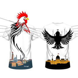 Front and back view of a t-shirt design symbolizing the union of Portugal and Germany in high-voltage power line transmission