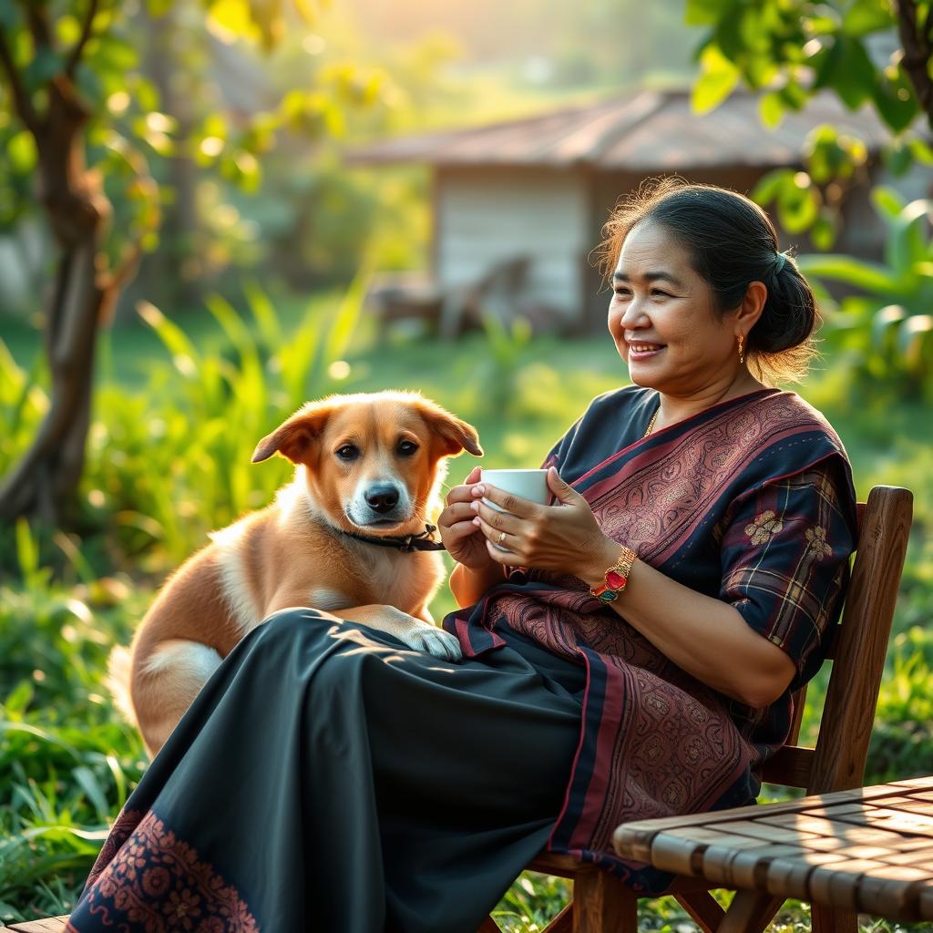 An Indonesian village woman sitting comfortably and enjoying a cup of coffee with her pet dog