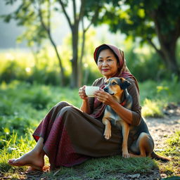 An Indonesian village woman sitting comfortably and enjoying a cup of coffee with her pet dog