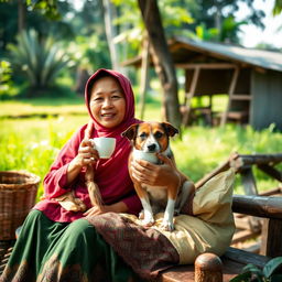 An Indonesian village woman sitting comfortably and enjoying a cup of coffee with her pet dog