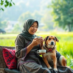 An Indonesian village woman sitting comfortably and enjoying a cup of coffee with her pet dog