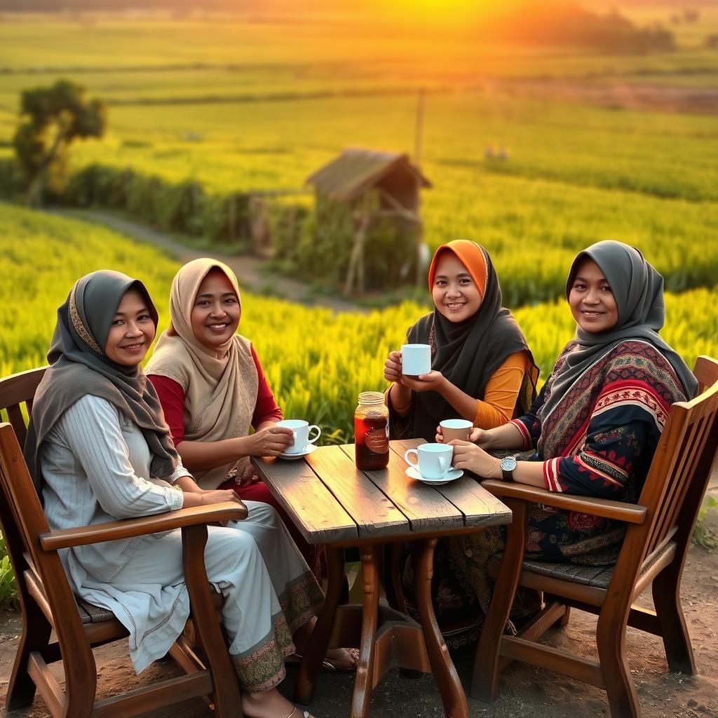 Indonesian women from the countryside sitting relaxed, drinking a cup of coffee with Aman Anin, in a peaceful rural setting