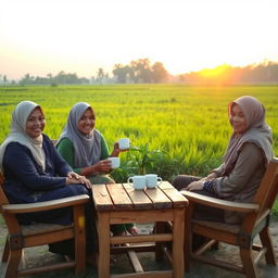 Indonesian women from the countryside sitting relaxed, drinking a cup of coffee with Aman Anin, in a peaceful rural setting