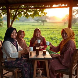 Indonesian women from the countryside sitting relaxed, drinking a cup of coffee with Aman Anin, in a peaceful rural setting