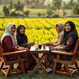 Indonesian women from the countryside sitting relaxed, drinking a cup of coffee with Aman Anin, in a peaceful rural setting