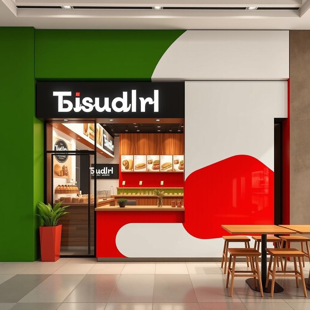 front view of high-end fast food sandwich shop design featuring green, white, and red colors, with a wooden counter and no chairs