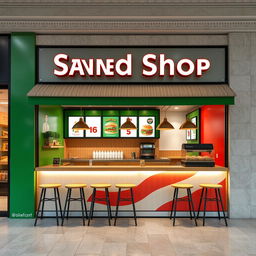 front view of high-end fast food sandwich shop design featuring green, white, and red colors, with a wooden counter and no chairs