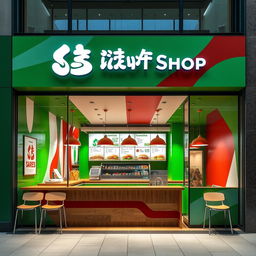 front view of high-end fast food sandwich shop design featuring green, white, and red colors, with a wooden counter and no chairs