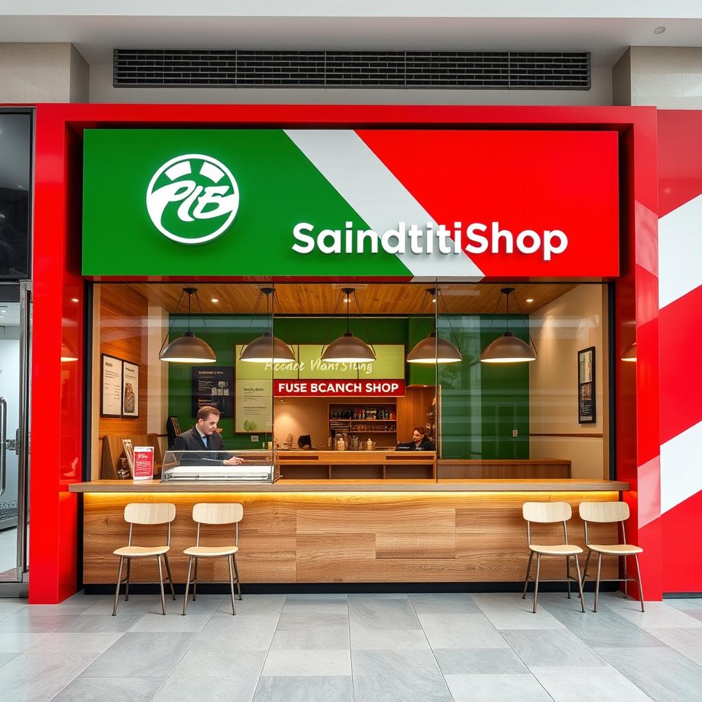 front view of high-end fast food sandwich shop design featuring green, white, and red colors, with a wooden counter and no chairs