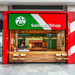 front view of high-end fast food sandwich shop design featuring green, white, and red colors, with a wooden counter and no chairs