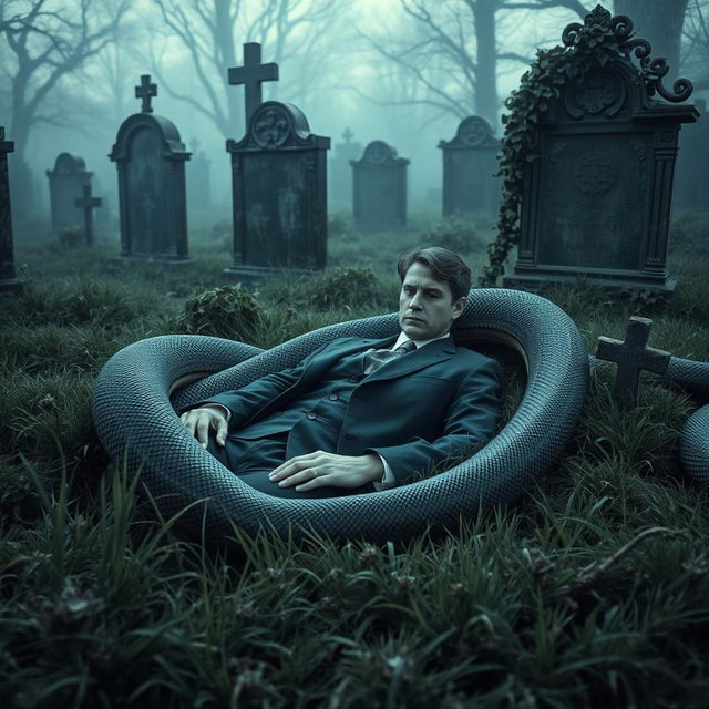 A dramatic scene in a graveyard where a civil servant teacher, dressed in formal attire, is depicted in a grave