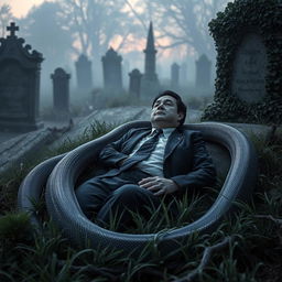 A dramatic scene in a graveyard where a civil servant teacher, dressed in formal attire, is depicted in a grave