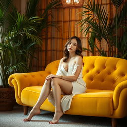 A serene, intimate setting with soft lighting featuring a woman sitting gracefully on a plush, vibrant yellow couch