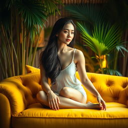 A serene, intimate setting with soft lighting featuring a woman sitting gracefully on a plush, vibrant yellow couch