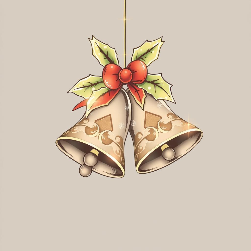 Illustration of a Christmas ornament featuring two bells and leaves, drawn with distinct outlines