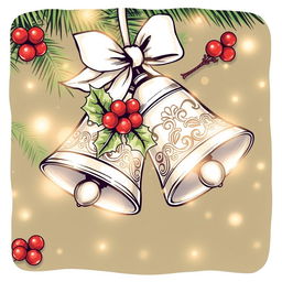 Illustration of a Christmas ornament featuring two bells and leaves, drawn with distinct outlines