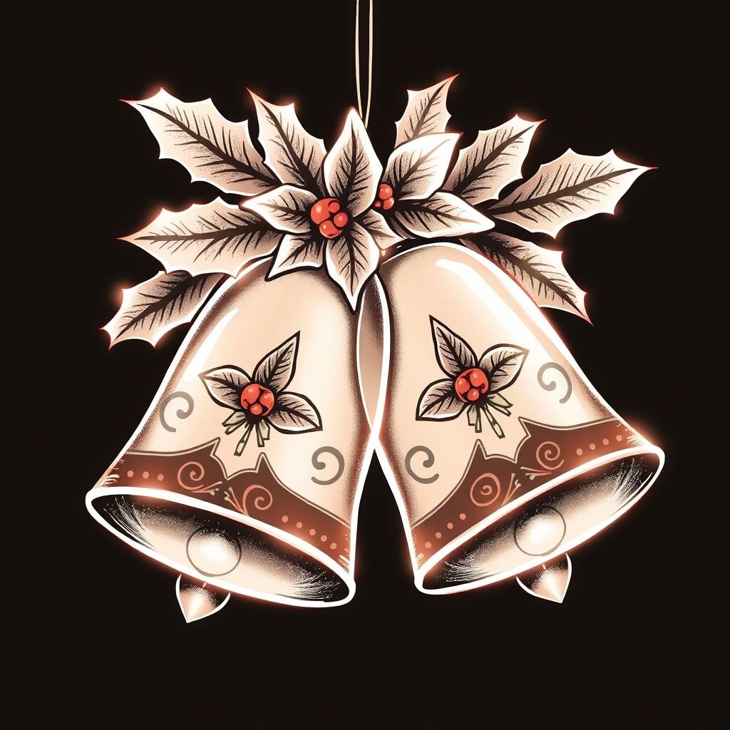 Illustration of a Christmas ornament featuring two bells and leaves, drawn with distinct outlines