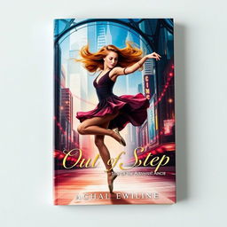 A captivating book cover for "Out of Step" featuring a striking central figure performing a dynamic dance move amidst a swirling urban cityscape