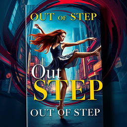 A captivating book cover for "Out of Step" featuring a striking central figure performing a dynamic dance move amidst a swirling urban cityscape