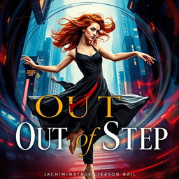 A captivating book cover for "Out of Step" featuring a striking central figure performing a dynamic dance move amidst a swirling urban cityscape