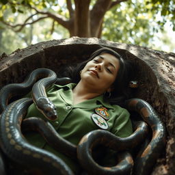 a female civil servant teacher lies in a grave, surrounded by snakes