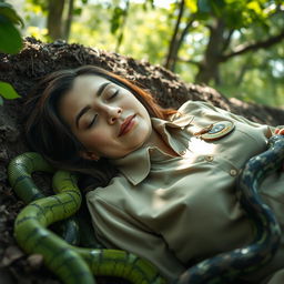 a female civil servant teacher lies in a grave, surrounded by snakes