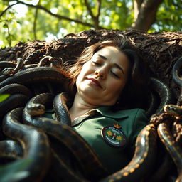 a female civil servant teacher lies in a grave, surrounded by snakes