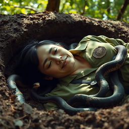 a female civil servant teacher lies in a grave, surrounded by snakes