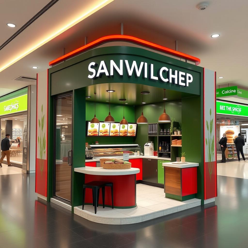 A high-end sandwich shop in a shopping center focusing on gourmet-style quick bites, designed with a 3x2