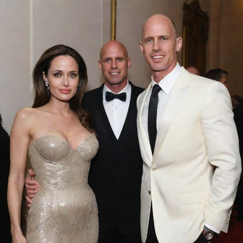 Generate an image of Angelina Jolie and Johnny Sins in a formal event setting, both dressed elegantly.