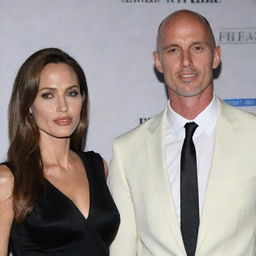 Generate an image of Angelina Jolie and Johnny Sins in a formal event setting, both dressed elegantly.