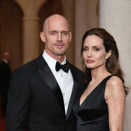 Generate an image of Angelina Jolie and Johnny Sins in a formal event setting, both dressed elegantly.