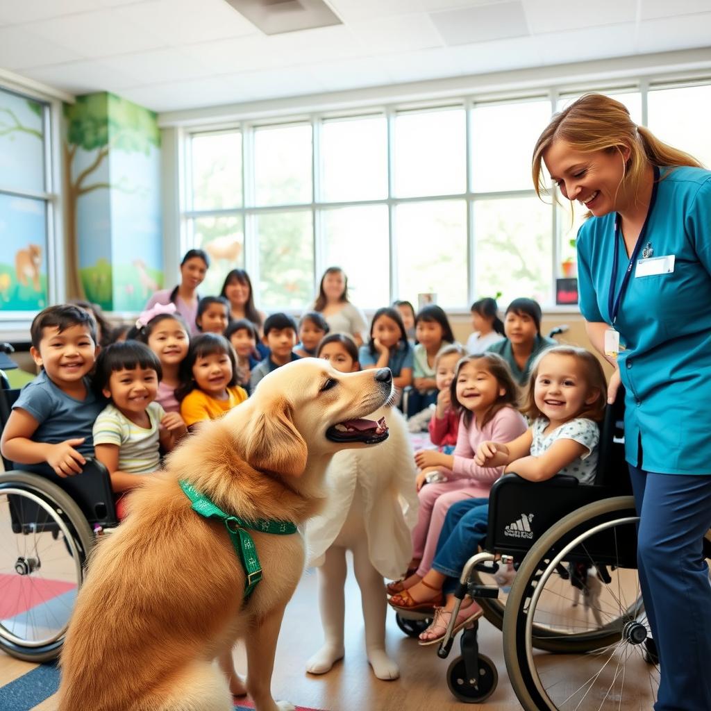 Friendly and gentle therapy dog happily interacting with children in a hospital playroom