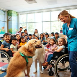 Friendly and gentle therapy dog happily interacting with children in a hospital playroom